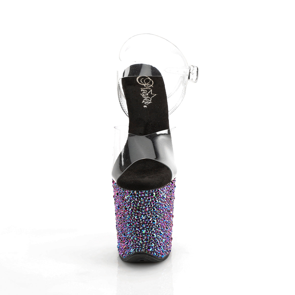 Pleaser 8 inch clear black mixed rhinestone platform ankle strap sandal, front view