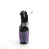 Pleaser 8 inch clear black mixed rhinestone platform ankle strap sandal, front view