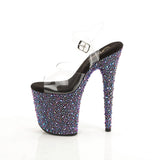 Pleaser 8 inch clear black mixed rhinestone platform ankle strap sandal, side view of the rhinestone platform and heel