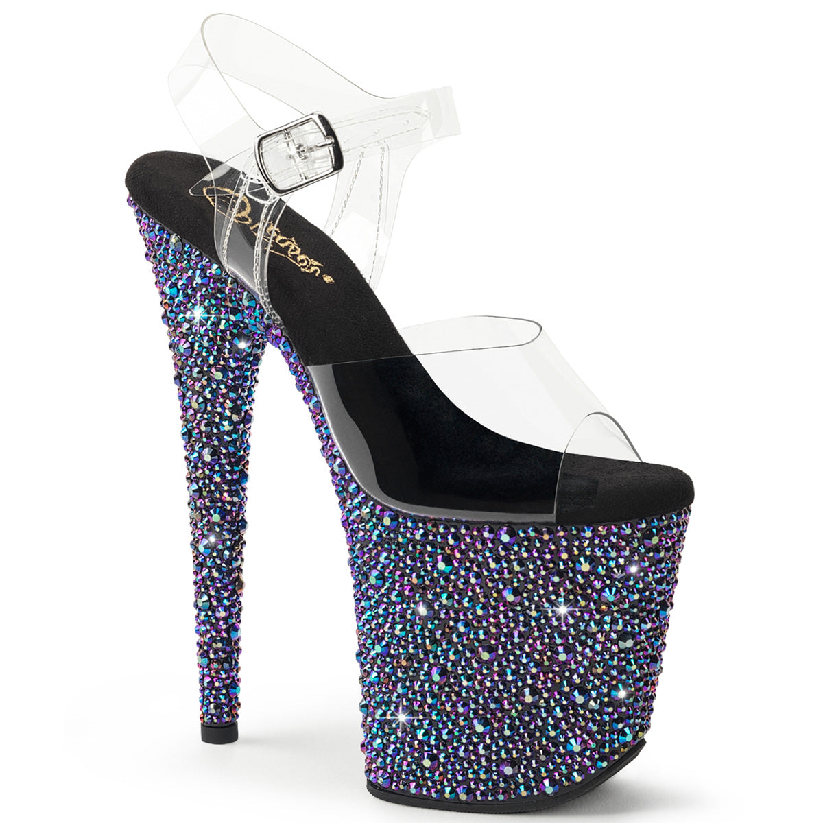 Pleaser 8 inch clear black mixed rhinestone platform ankle strap sandal, three-quarter view on white