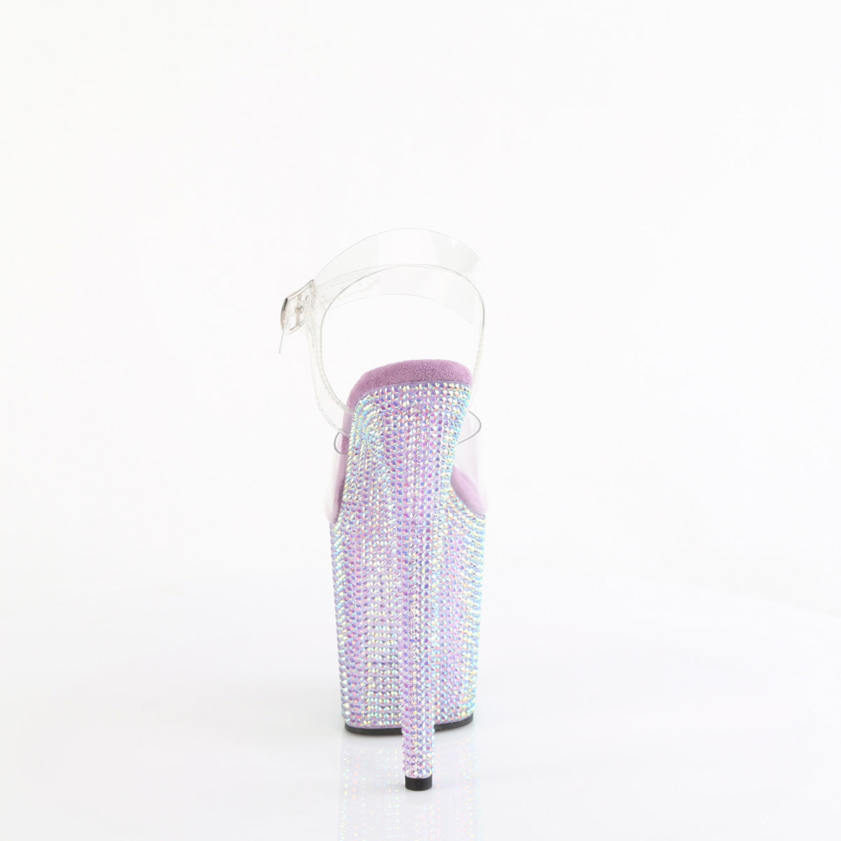 Pleaser 8 inch clear lavender resin rhinestone platform ankle strap sandal, back view of the heel