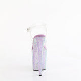 Pleaser 8 inch clear lavender resin rhinestone platform ankle strap sandal, back view of the heel