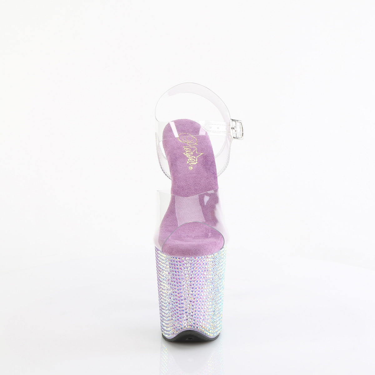Pleaser 8 inch clear lavender resin rhinestone platform ankle strap sandal, front view