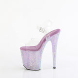 Pleaser 8 inch clear lavender resin rhinestone platform ankle strap sandal, side view of the rhinestone platform and heel