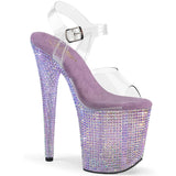 Pleaser 8 inch clear lavender resin rhinestone platform ankle strap sandal, three-quarter view on white