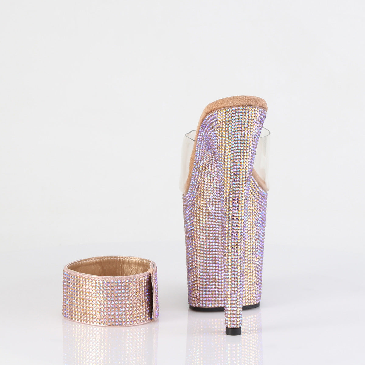 Pleaser 8 inch clear rose gold rhinestone platform slide with ankle cuff, back view of the heel
