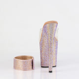 Pleaser 8 inch clear rose gold rhinestone platform slide with ankle cuff, back view of the heel