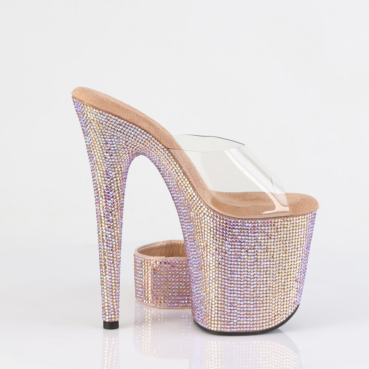 Pleaser 8 inch clear rose gold rhinestone platform slide with ankle cuff, inside view