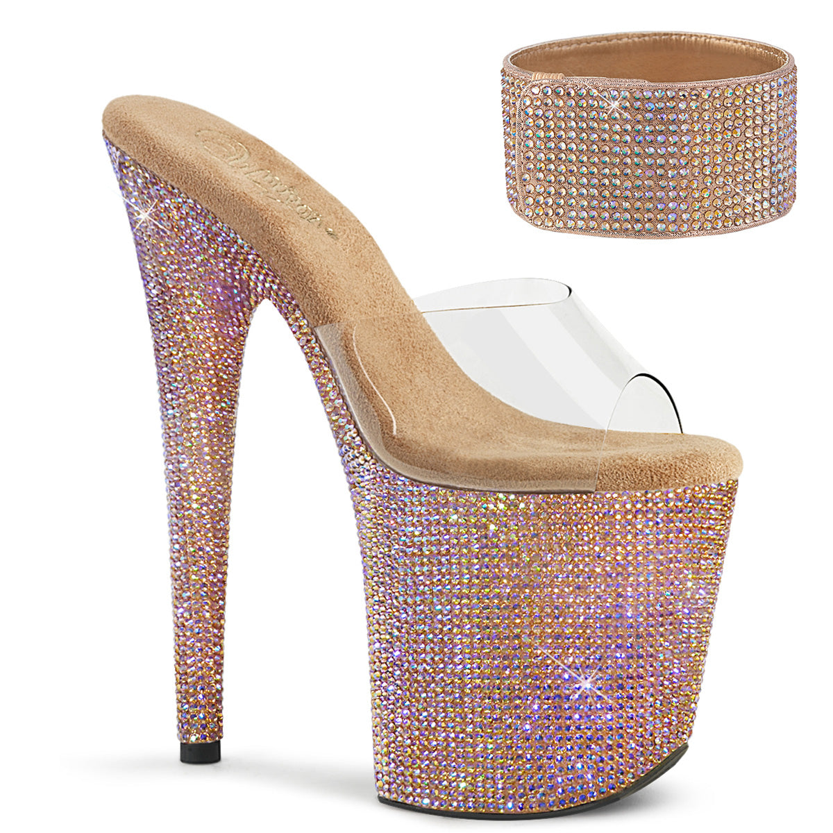 Pleaser 8 inch clear rose gold rhinestone platform slide with ankle cuff, three-quarter view on white