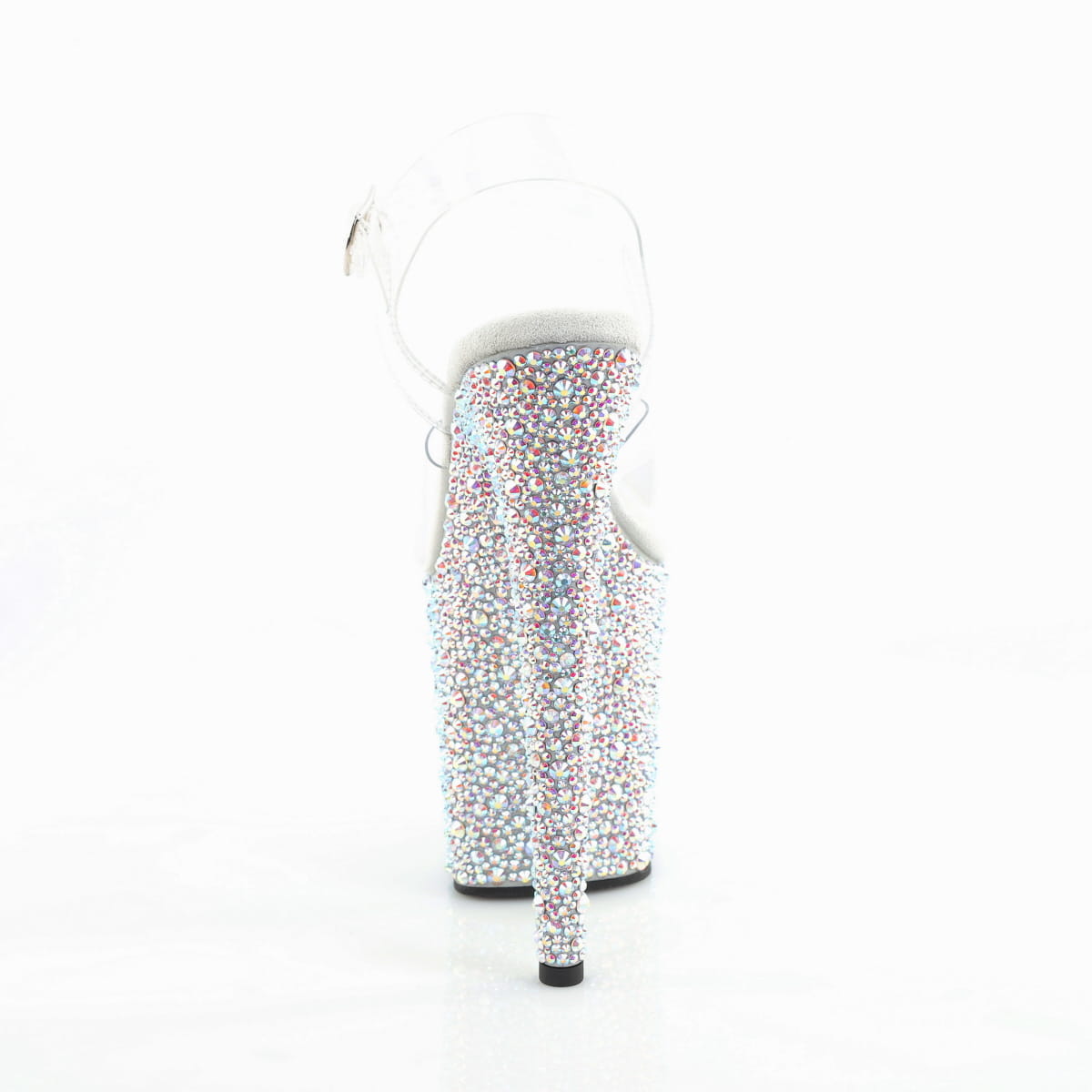 Pleaser 8 inch clear silver mixed rhinestone platform ankle strap sandal, back view of the heel