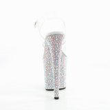 Pleaser 8 inch clear silver mixed rhinestone platform ankle strap sandal, back view of the heel