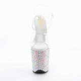 Pleaser 8 inch clear silver mixed rhinestone platform ankle strap sandal, front view