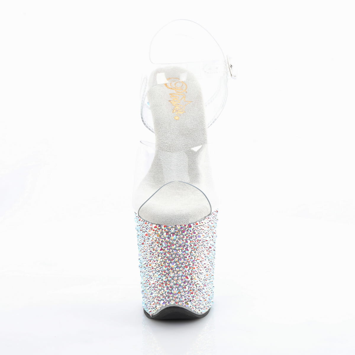 Pleaser 8 inch clear silver mixed rhinestone platform ankle strap sandal, front view