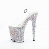 Pleaser 8 inch clear silver mixed rhinestone platform ankle strap sandal, side view of the rhinestone platform and heel