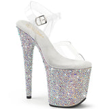 Pleaser 8 inch clear silver mixed rhinestone platform ankle strap sandal, three-quarter view on white