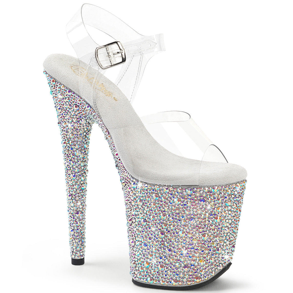 Pleaser 8 inch clear silver mixed rhinestone platform ankle strap sandal, three-quarter view on white