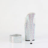 Pleaser 8 inch clear silver rhinestone platform slide with ankle cuff, back view of the heel
