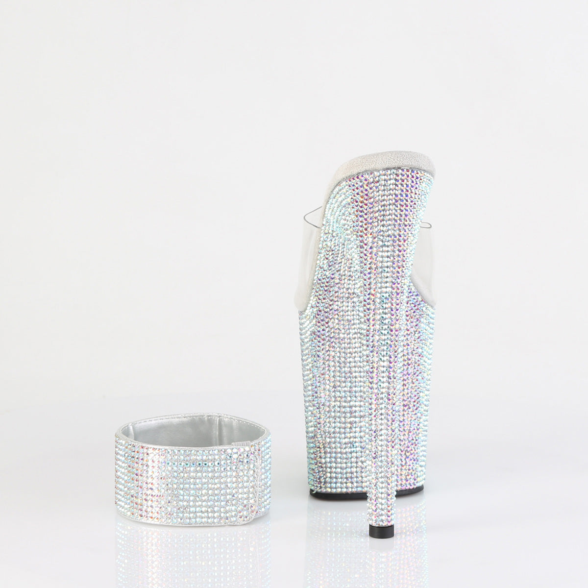 Pleaser 8 inch clear silver rhinestone platform slide with ankle cuff, back view of the heel