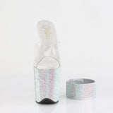 Pleaser 8 inch clear silver rhinestone platform slide with ankle cuff, front view