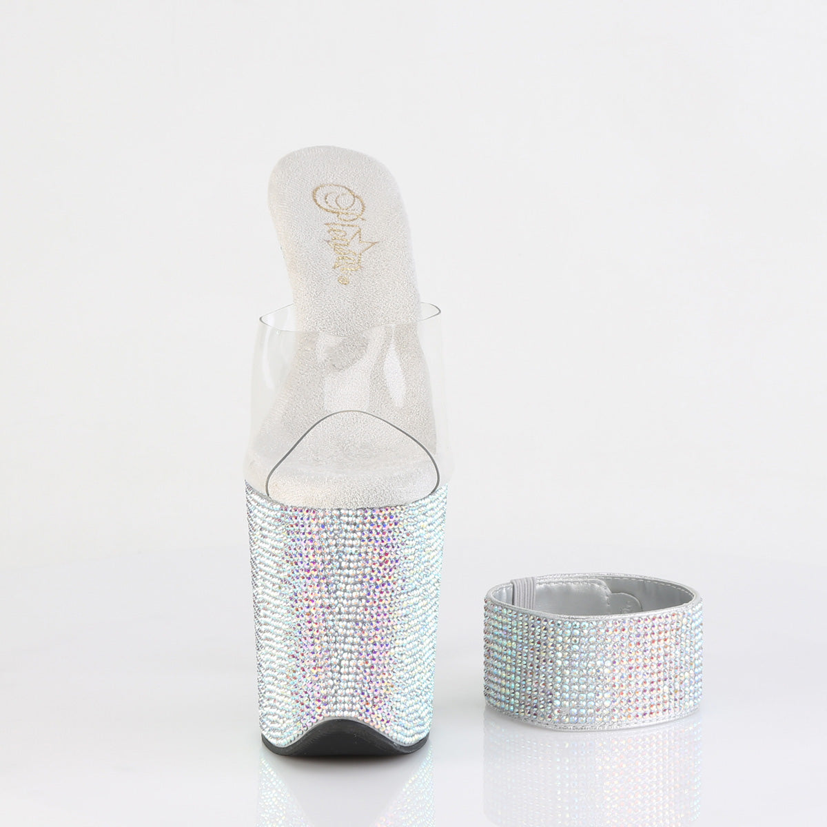 Pleaser 8 inch clear silver rhinestone platform slide with ankle cuff, front view