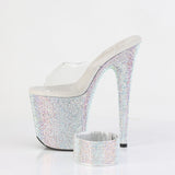 Pleaser 8 inch clear silver rhinestone platform slide with ankle cuff, side view of the rhinestone platform and heel