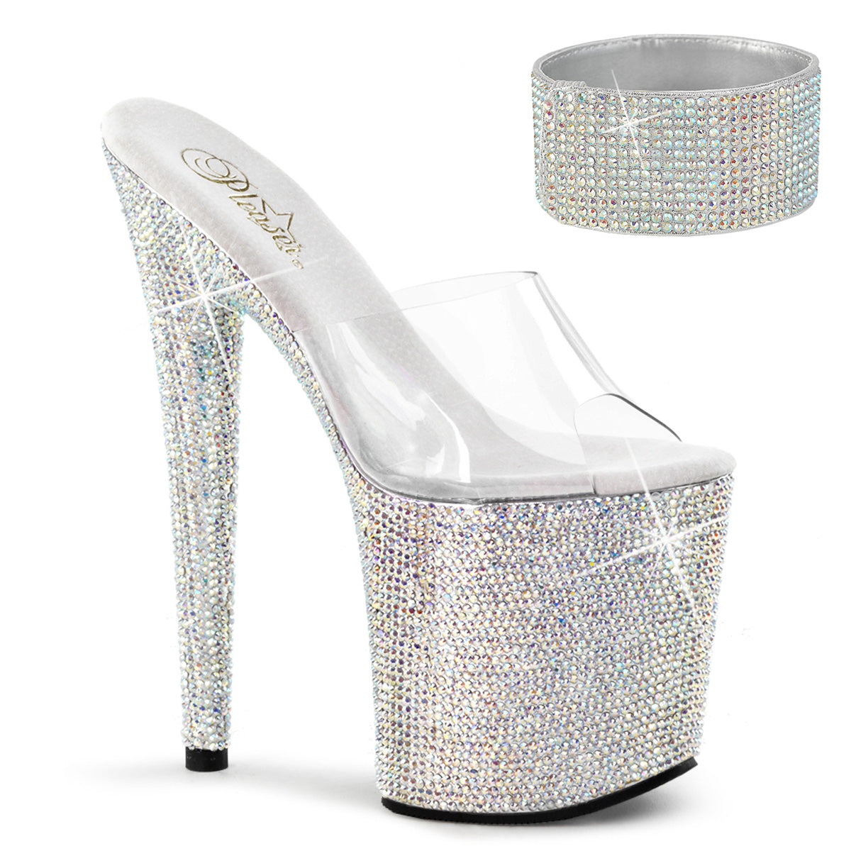 Pleaser 8 inch clear silver rhinestone platform slide with ankle cuff, three-quarter view on white