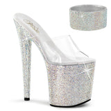 Pleaser 8 inch clear silver rhinestone platform slide with ankle cuff, three-quarter view on white