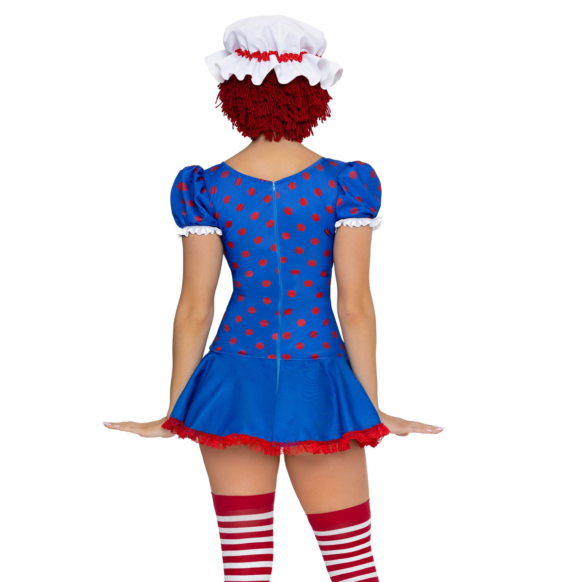 Close back view of polka dot rag doll costume with apron dress and bonnet - Golddiggers Boutique