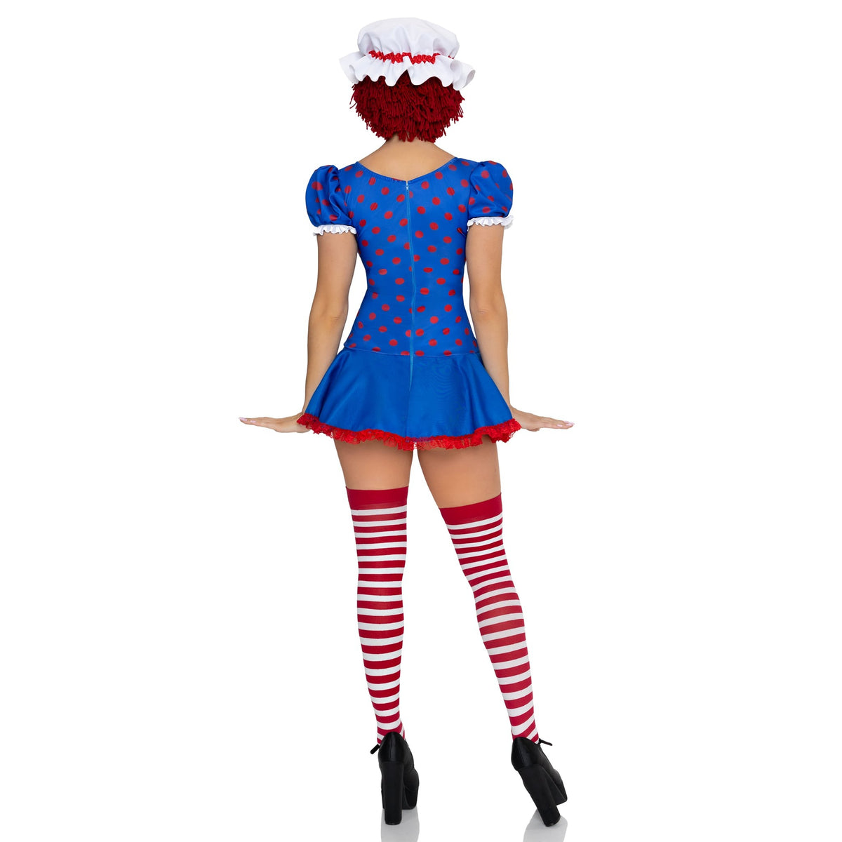 Back view of polka dot rag doll costume with apron dress and bonnet - Golddiggers Boutique