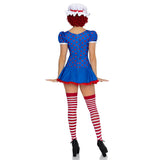 Back view of polka dot rag doll costume with apron dress and bonnet - Golddiggers Boutique