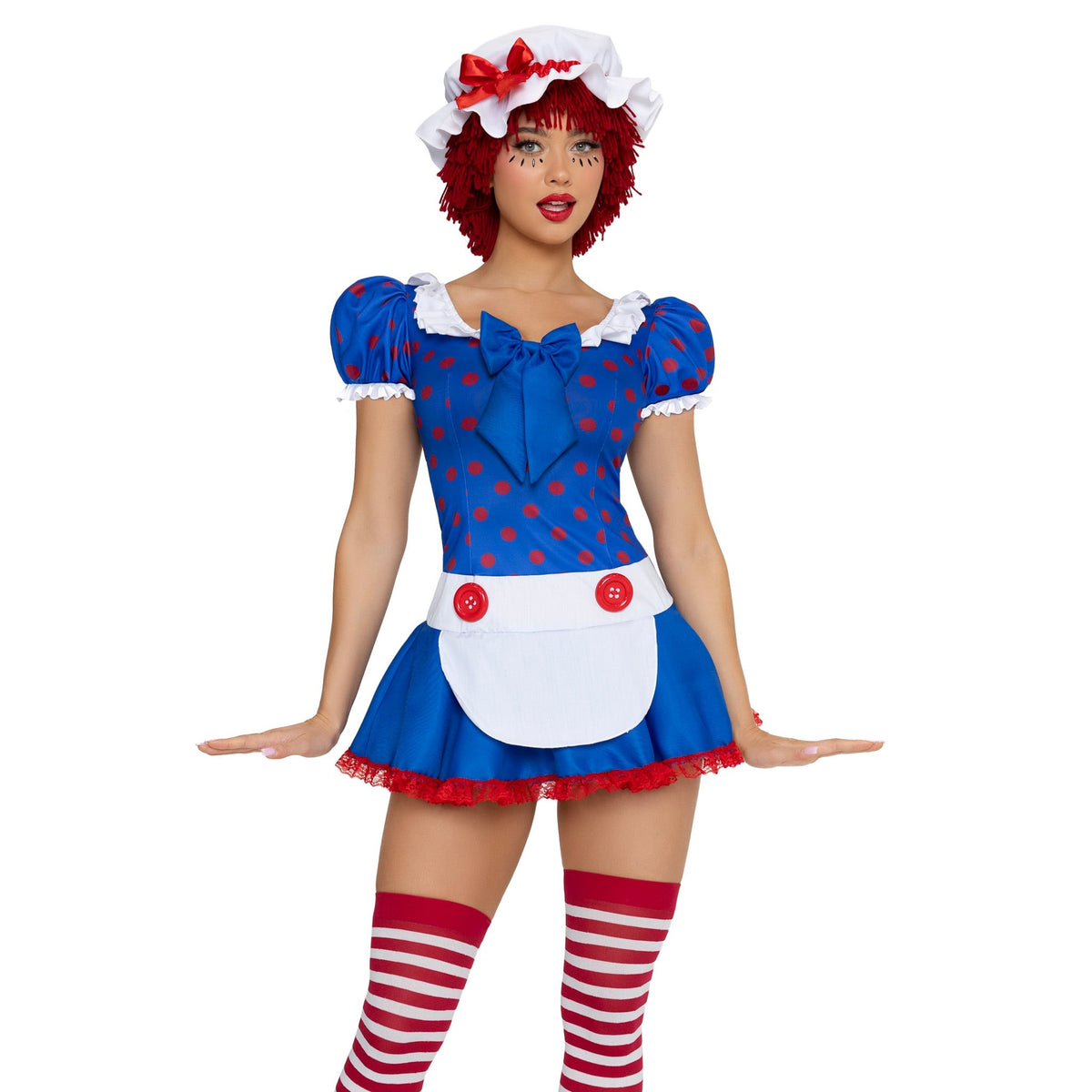 Close front view of polka dot rag doll costume with apron dress and bonnet - Golddiggers Boutique
