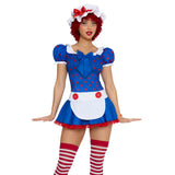 Close front view of polka dot rag doll costume with apron dress and bonnet - Golddiggers Boutique