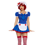 Close front pose of polka dot rag doll costume with apron dress and bonnet - Golddiggers Boutique