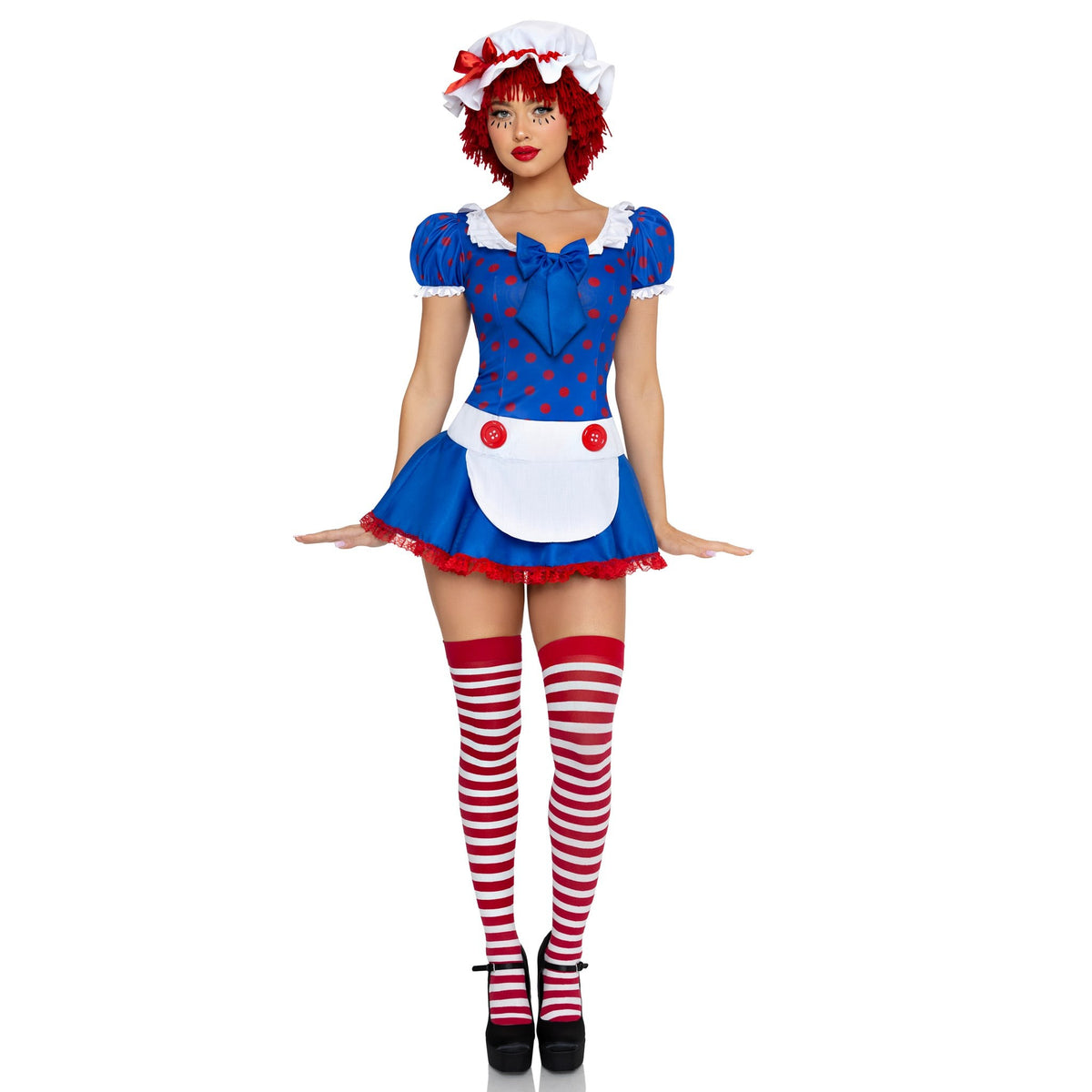 Front pose of polka dot rag doll costume with apron dress and bonnet - Golddiggers Boutique