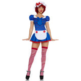 Front view of polka dot rag doll costume with apron dress and bonnet - Golddiggers Boutique