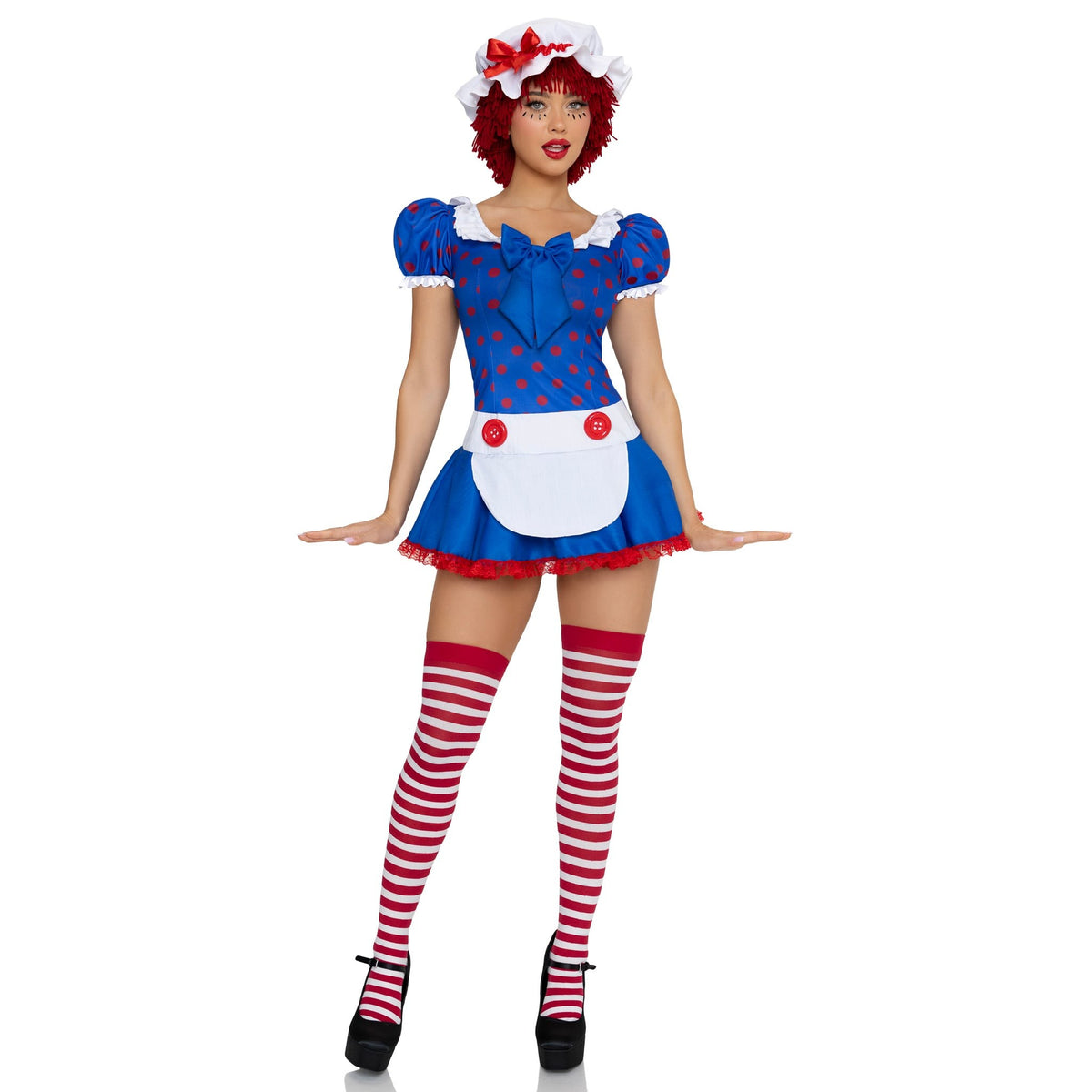 Front view of polka dot rag doll costume with apron dress and bonnet - Golddiggers Boutique