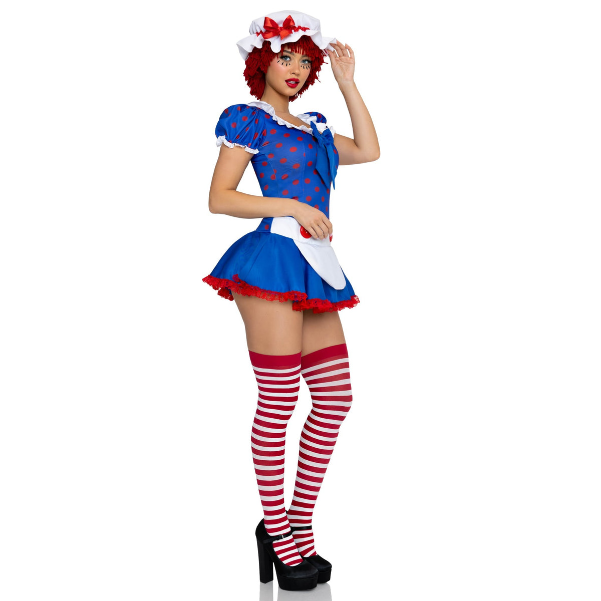 Side view of polka dot rag doll costume with apron dress and bonnet - Golddiggers Boutique