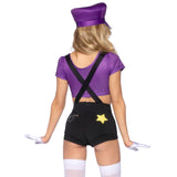 Close back view of purple and black gamer villain costume with suspender shorts and hat - Golddiggers Boutique