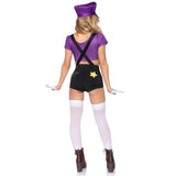 Back view of purple and black gamer villain costume with suspender shorts and hat - Golddiggers Boutique