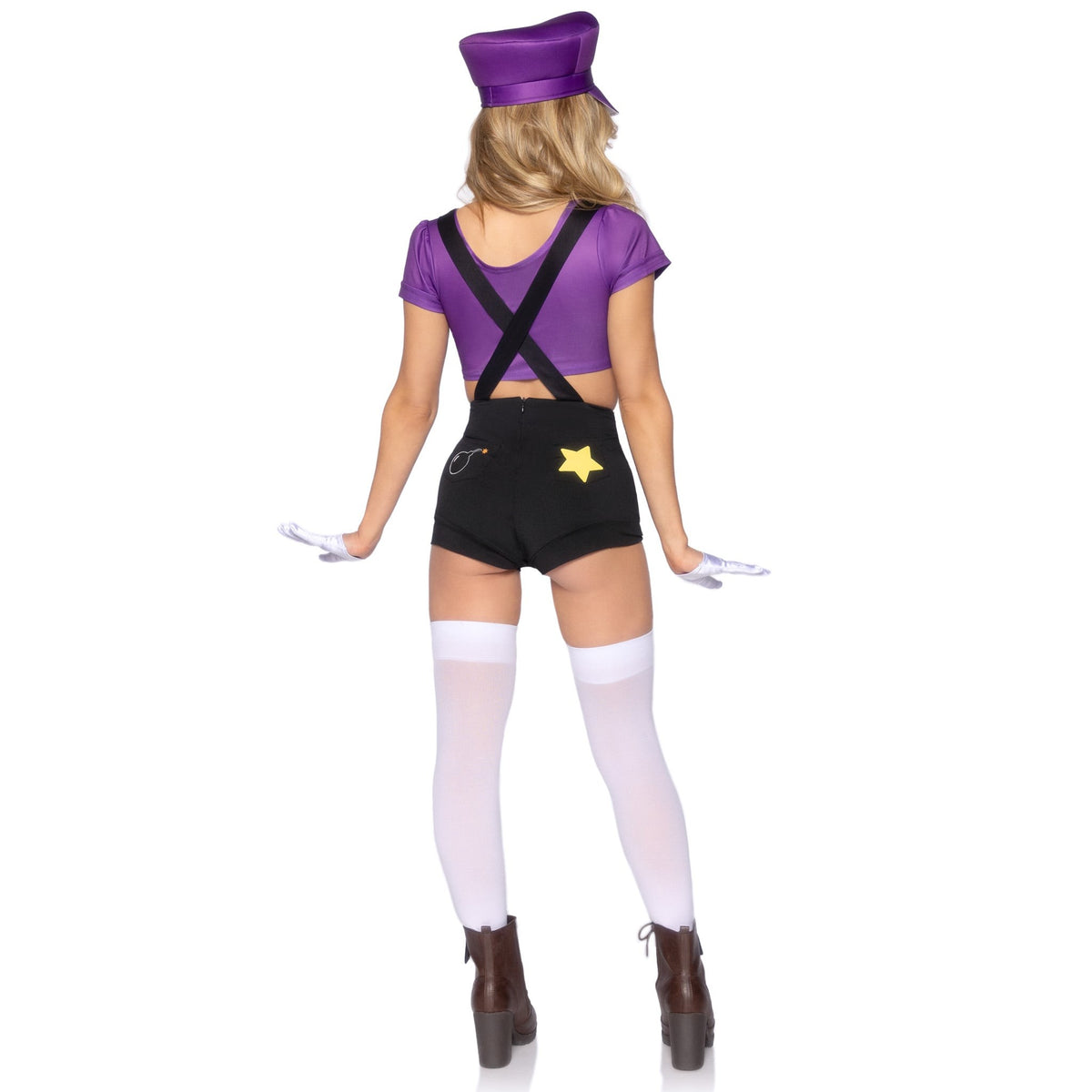 Back view of purple and black gamer villain costume with suspender shorts and hat - Golddiggers Boutique