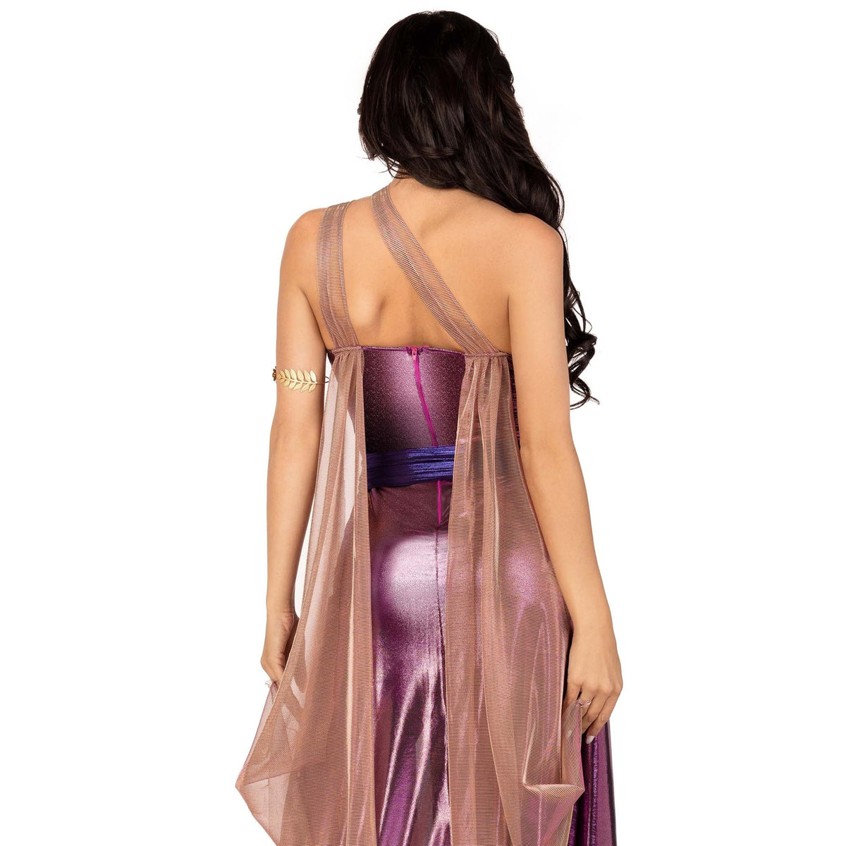 Close back view of purple Greek goddess costume with one-shoulder shimmer dress - Golddiggers Boutique