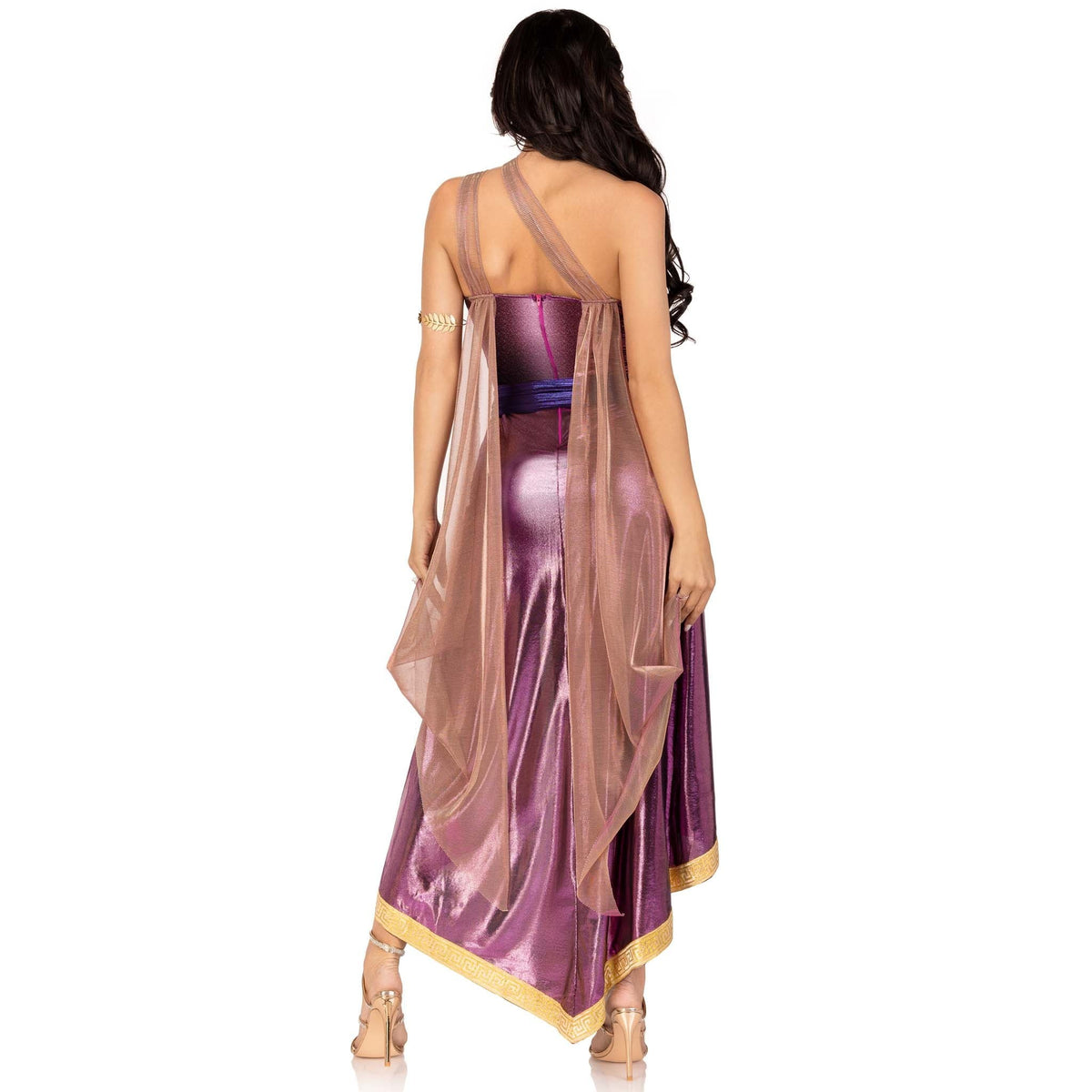 Back view of purple Greek goddess costume with one-shoulder shimmer dress - Golddiggers Boutique