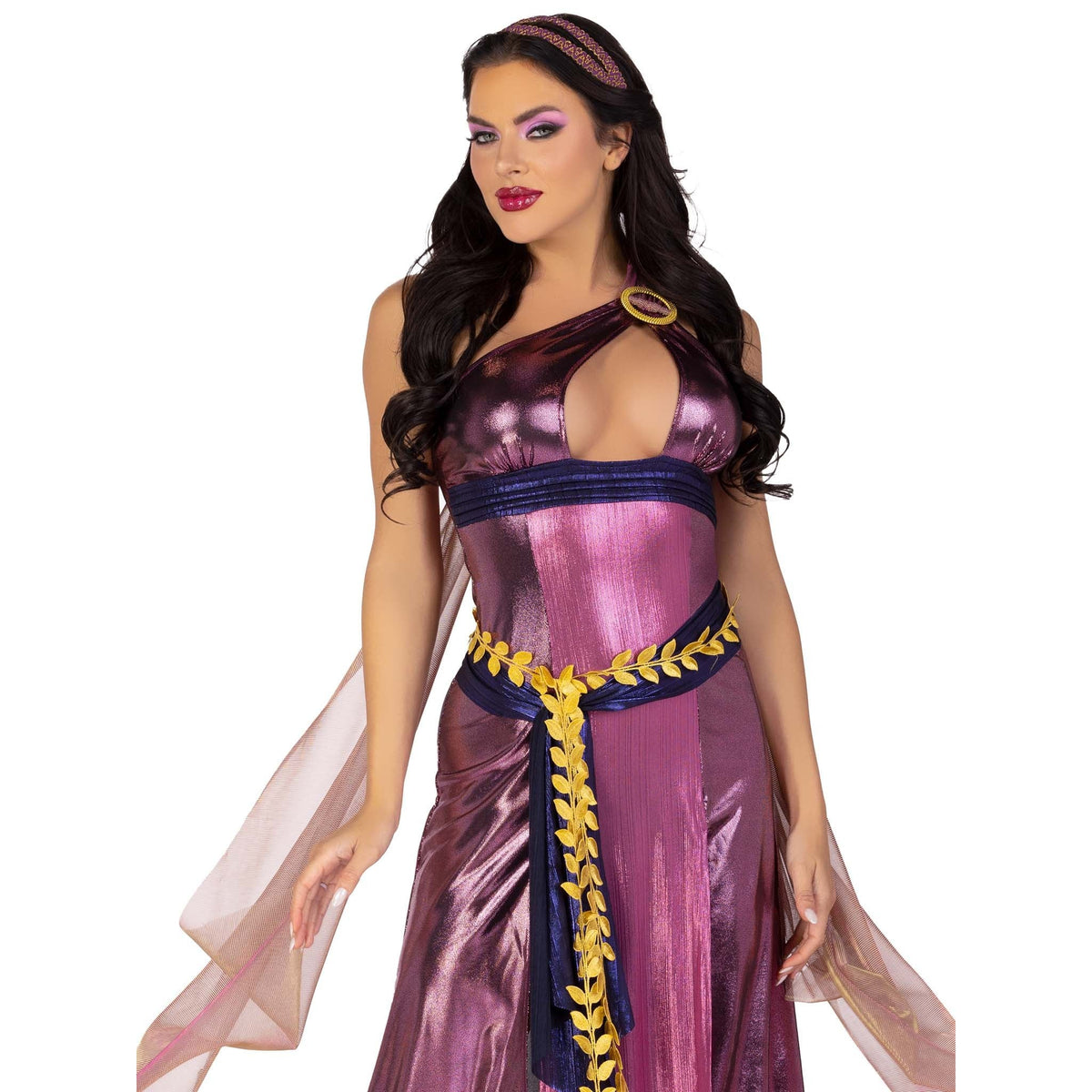 Close front view of purple Greek goddess costume with one-shoulder shimmer dress - Golddiggers Boutique