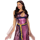 Close front view of purple Greek goddess costume with one-shoulder shimmer dress - Golddiggers Boutique