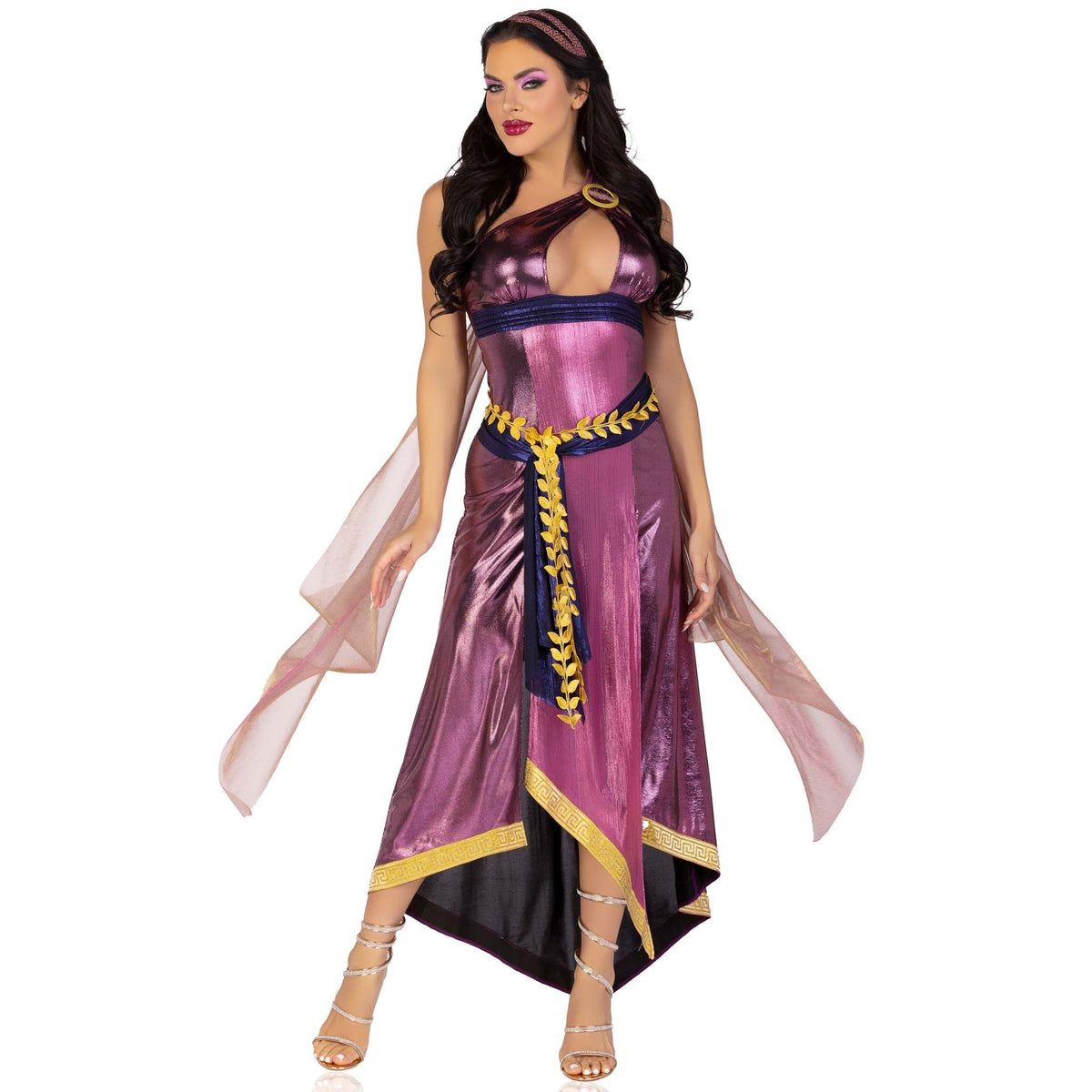 Front view of purple Greek goddess costume with one-shoulder shimmer dress - Golddiggers Boutique