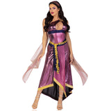 Front view of purple Greek goddess costume with one-shoulder shimmer dress - Golddiggers Boutique