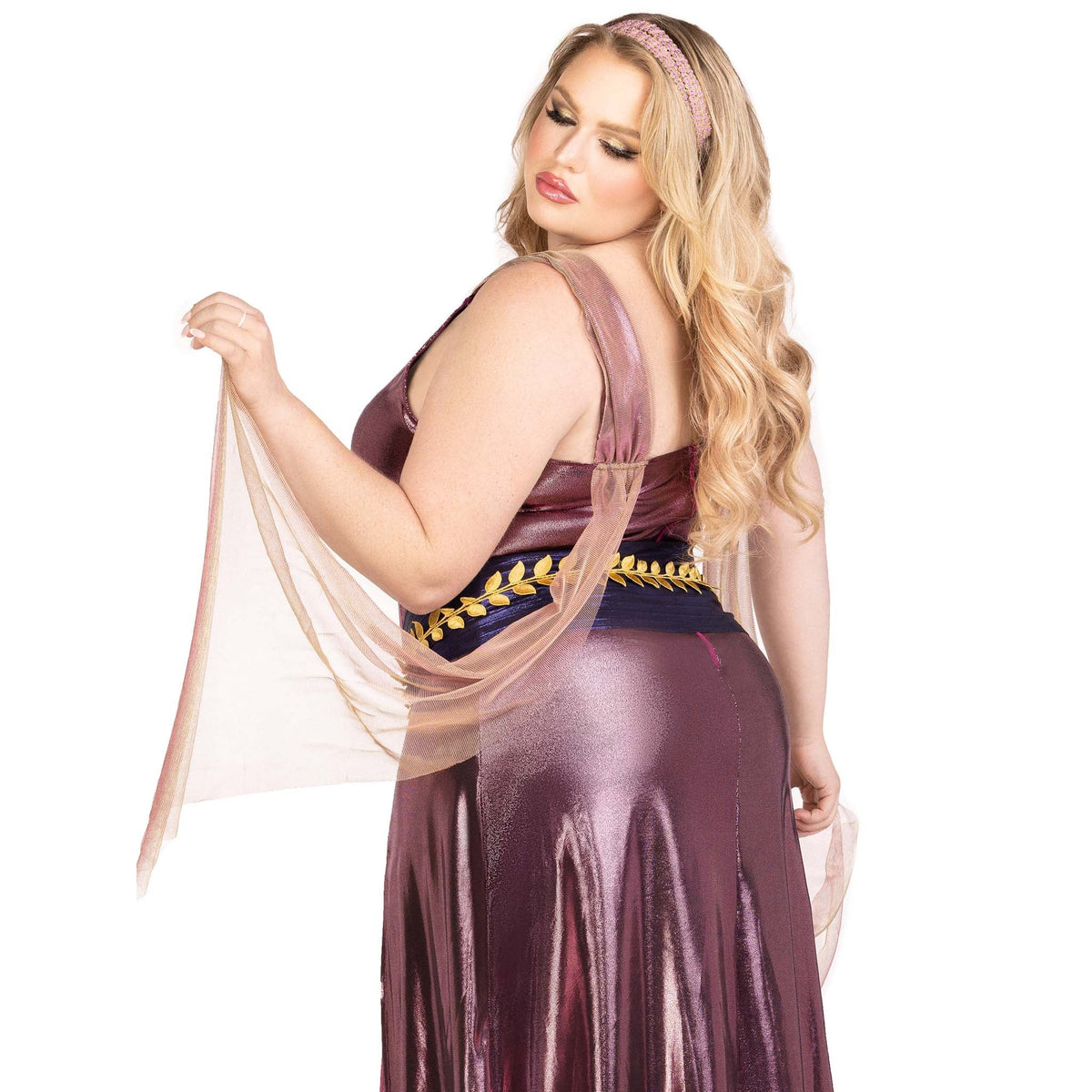 Close back view of plus size purple Greek goddess costume with one-shoulder shimmer dress - Golddiggers Boutique