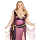 Close front view of plus size purple Greek goddess costume with one-shoulder shimmer dress - Golddiggers Boutique