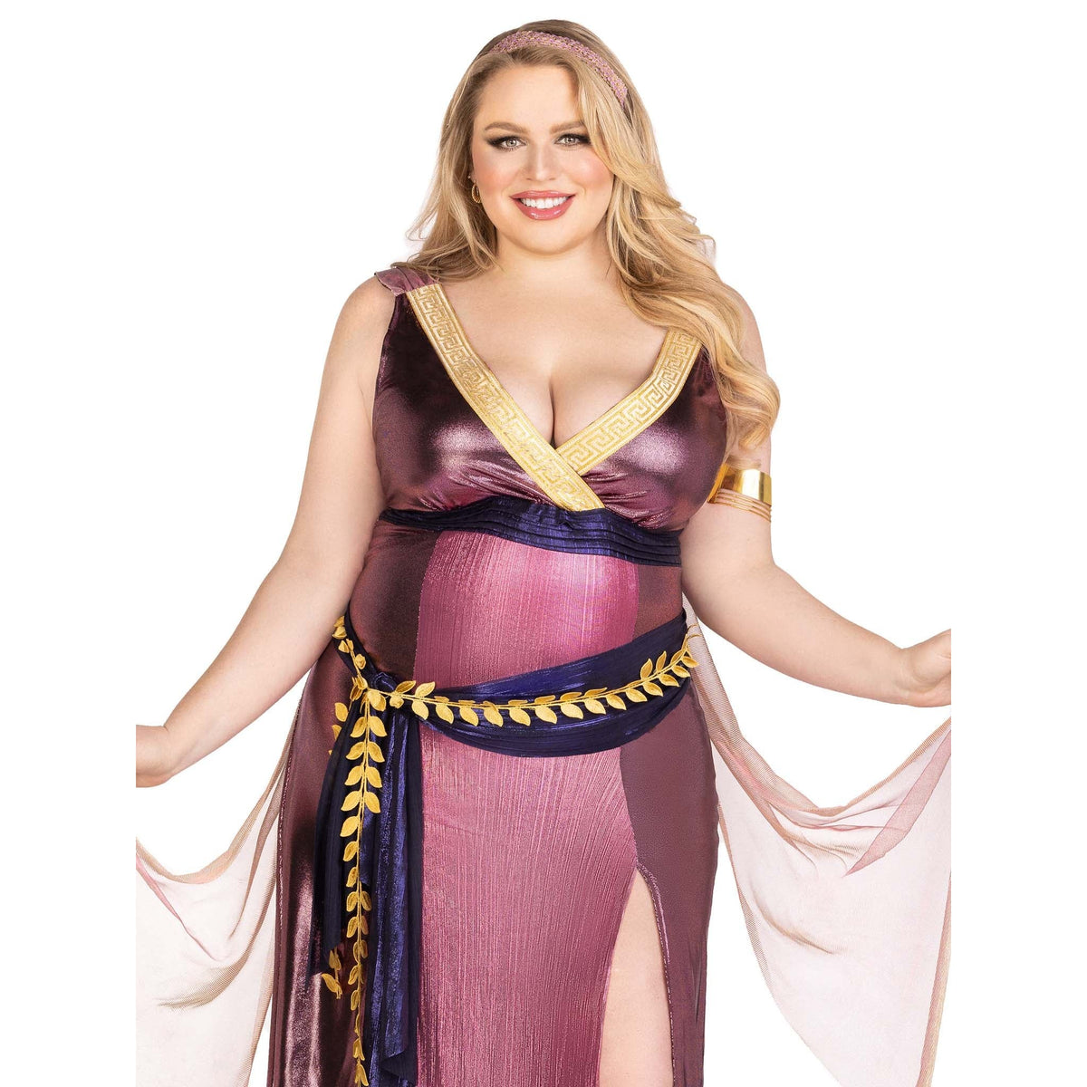Close front view of plus size purple Greek goddess costume with one-shoulder shimmer dress - Golddiggers Boutique