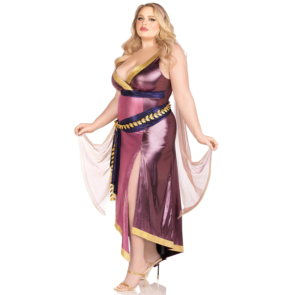 Side view of plus size purple Greek goddess costume with one-shoulder shimmer dress - Golddiggers Boutique